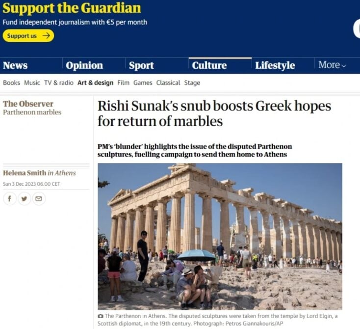 Βρετανικά ΜΜΕ για τα Γλυπτά του Παρθενώνα: Το «σνομπάρισμα» του Σούνακ ενισχύει τις θέσεις των Ελλήνων